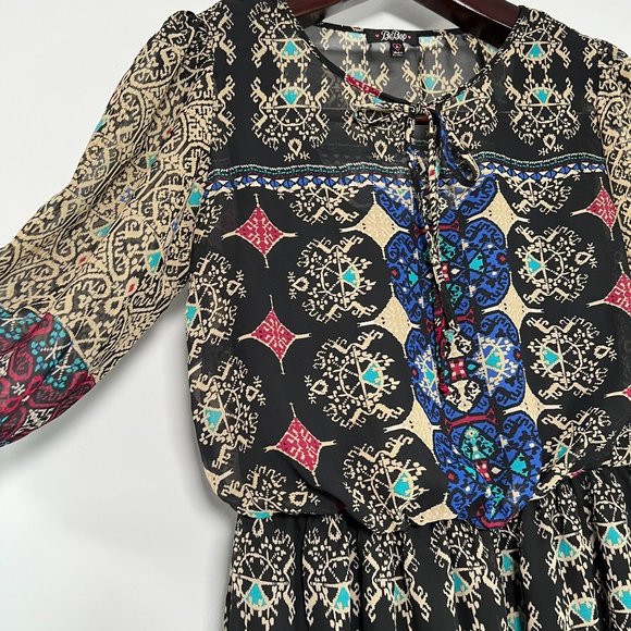 BeBop Black Print Sheer Mini Dress Size Medium Boho Festival Dress - Picture 6 of 15